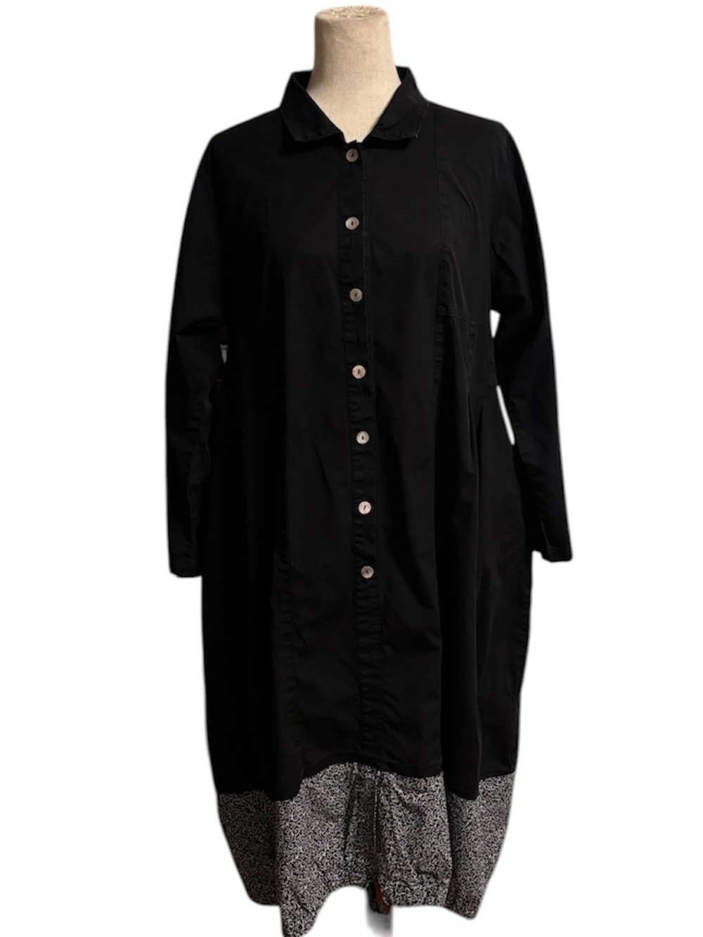 Black Long-Sleeve Button-Front Dress with Printed Hem